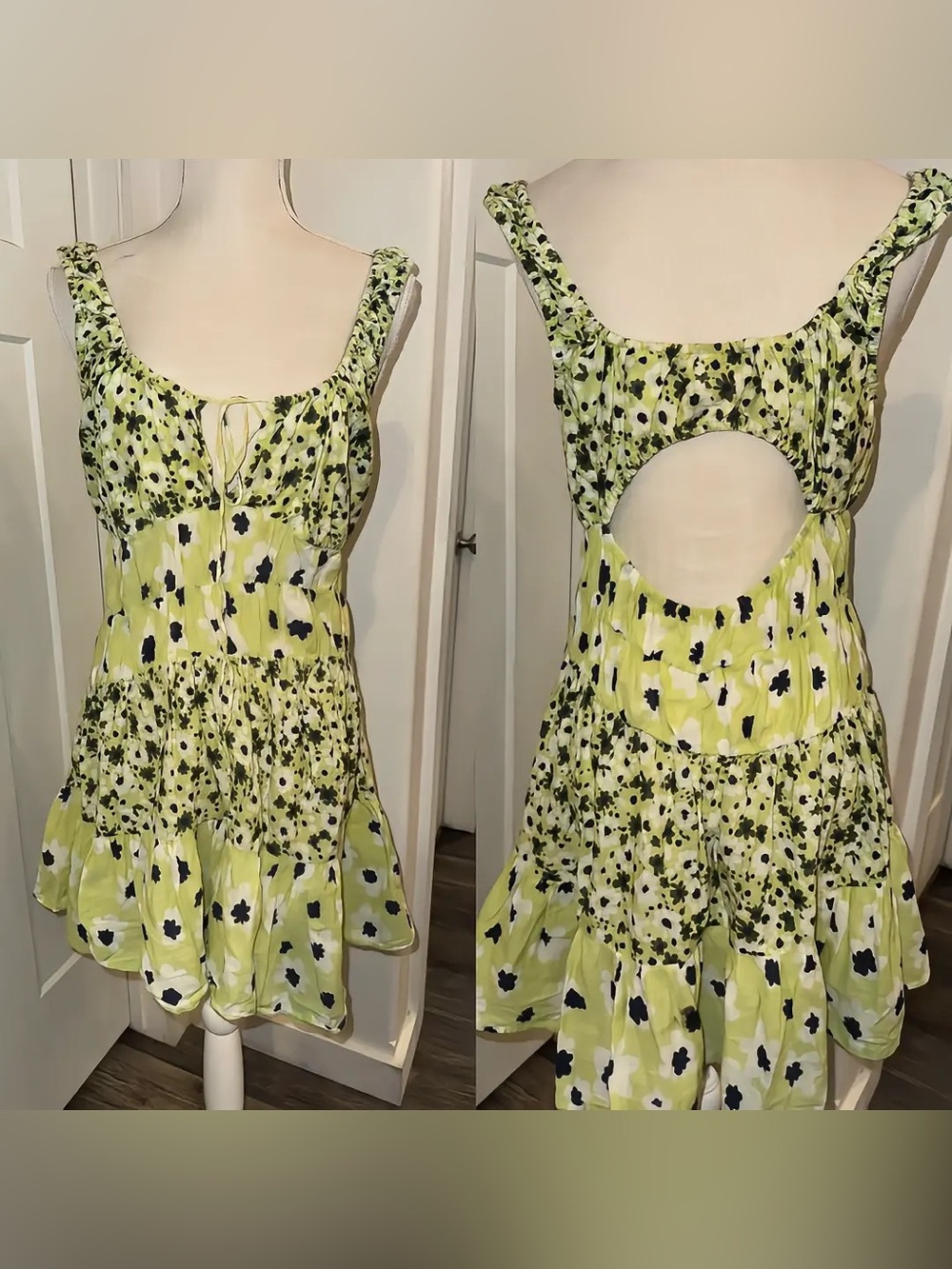 Anthropologie Celandine Tiered Smocked Floral Cutout Mini Dress Green Size L